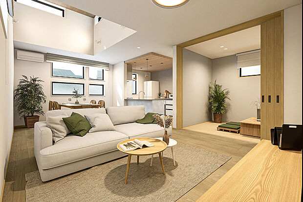 【LDK完成予想図】T-1／LDKと隣接した5.0帖の続き間和室。扉を開ければ23.6帖超の大空間として活用できます。高天井による圧倒的な開放感と、優しいオーク材の質感が調和する癒しの空間です。