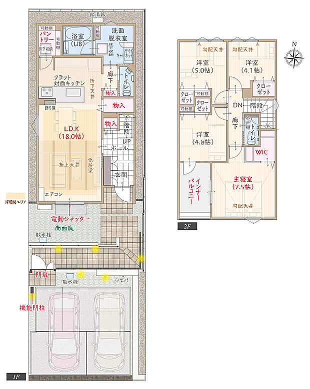 【4LDK】太陽光発電パネル搭載、南垂れ、南向き、耐震等級3、断熱等級5、ZEH仕様、第一種換気&全熱交換換気、折上天井のリビングLDK広々18.0帖、大型WIC付主寝室広々7.5帖、大型パントリー、インナーバルコニー