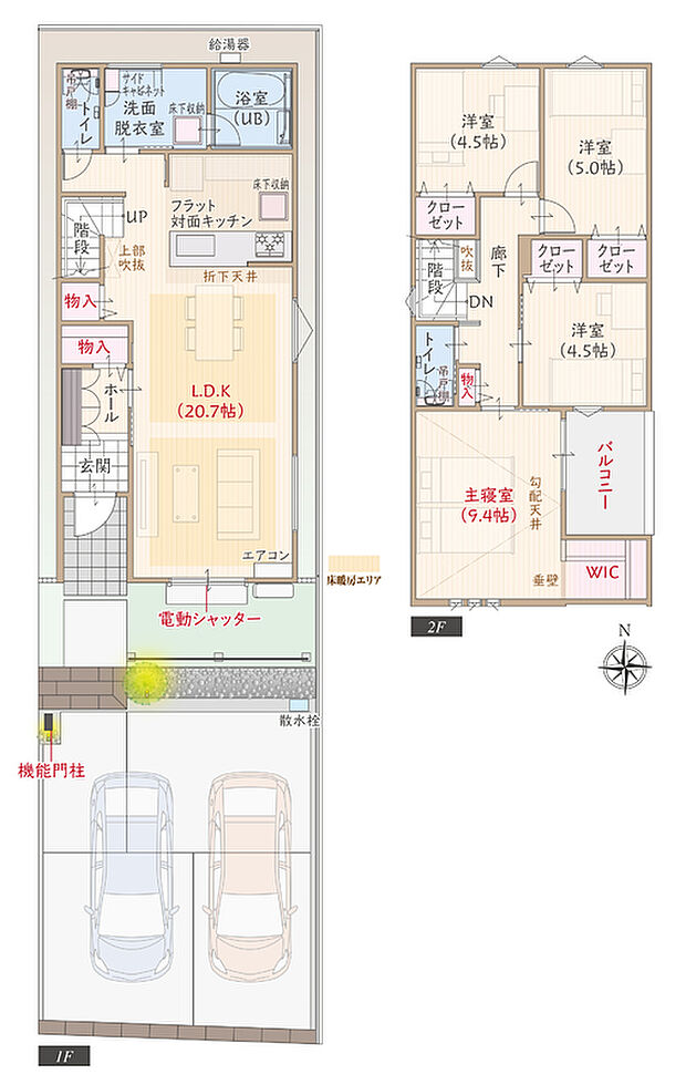 【4LDK】南向き、陽光発電パネル搭載、耐震等級3、断熱等級5、ZEH仕様の家、第一種換気&全熱交換換気、フラット対面キッチン付LDK広々20.7帖、WIC付主寝室広々9.4帖、優れた家事動線、収納充実