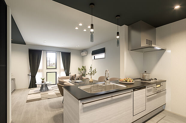 【キッチン完成予想図】T-2／完成予想図／リビング全体を見渡せる開放的な視界で、家族との会話を楽しみながら料理ができます。ダイニングへの配膳もスムーズな動線で、毎日の家事を快適にサポート。