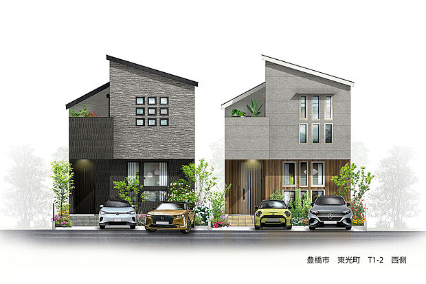 【外観完成予想図】T-1、T-2／全居室南向きの快適プラン！使いやすい水回りの配置で家事がしやすい3LDKに、大容量の物入を併設したスッキリとした空間で、ゆとりに包まれる心地よい暮らしが実現します。