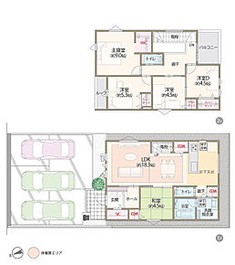 LDK広々18.3帖+和室4.5帖、主寝室ゆとりの9帖、第一種換気＆全熱交換換気、全居室に収納完備、ウォークインクローゼット、駐車3台可、大型シューズインクローゼット付き 