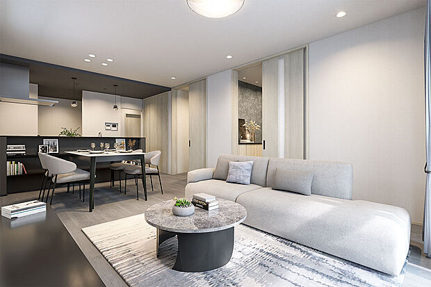 【リビングダイニング完成予想図】T-1／グレイッシュモダンなLDKは落ち着きのある佇まいで、気持ちがホッと安らぐ穏やかさを湛えています。南向き18.1帖の明るい空間は、柔らかな陽差しに包まれて憩いのひと時を優しく演出します。