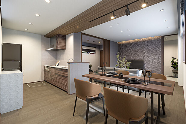 【キッチン＆ダイニング完成予想図】T-4／キッチンにいても会話が楽しめ、ダイニングからも家族の顔が見えることで安心して過ごせます。1日の出来事を語り合う場として、家族みんなが集まる大切な空間で笑顔溢れる家族時間を。