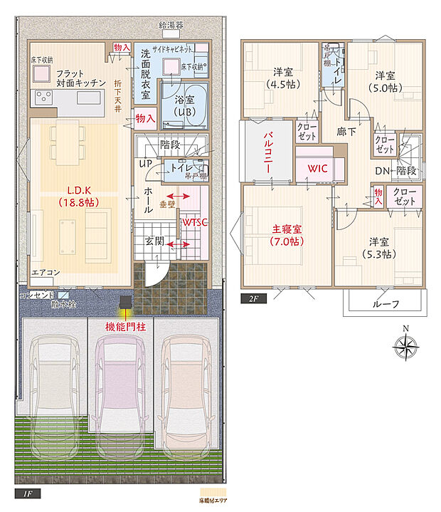 【4LDK】太陽光発電パネル搭載、南向き、駐車3台、耐震等級3、断熱等級5、ZEH仕様の家、第一種換気&全熱交換換気、フラット対面キッチン付LDK広々18.8帖、WIC付主寝室7.0帖、WTSCファミリー玄関、プライベートバルコニー
