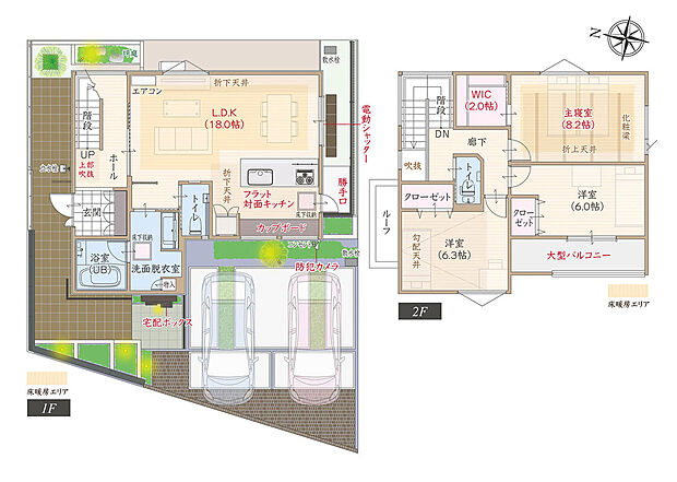 【3LDK】太陽光発電パネル搭載、ワイド間口、ZEHプラス仕様、耐震等級3、断熱等級6、第一種換気&全熱交換換気、フラット対面キッチン付LDK広々18.0帖、WIC付主寝室広々8.2帖、坪庭付き、大型バルコニー