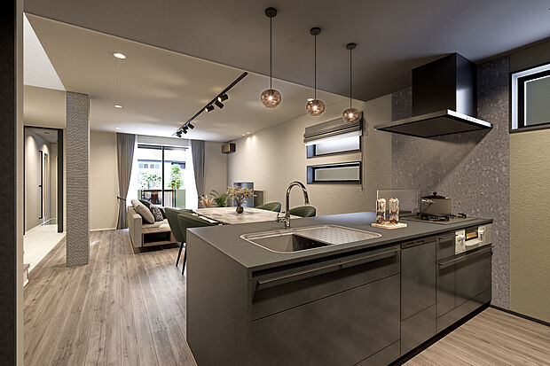 【キッチン完成予想図】T-5／重厚感がありつつもフィオレストーンが自然な美しさを添えるキッチンは、収納・デザイン性・機能性のどれをとっても充実仕様！毎日の家事の負担を軽くするだけでなく、楽しむゆとりも生み出します。