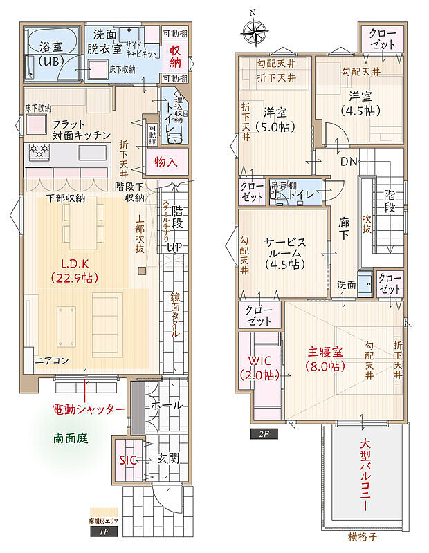 【3LDK+S】太陽光発電搭載、断熱等級5、南向き、フラット対面キッチン付きLDK広々22.9帖、玄関ホールから続く鏡面タイル廊下、可動棚付き収納のある洗面脱衣室、WIC2.0帖＆大型バルコニーのある主寝室広々8.0帖