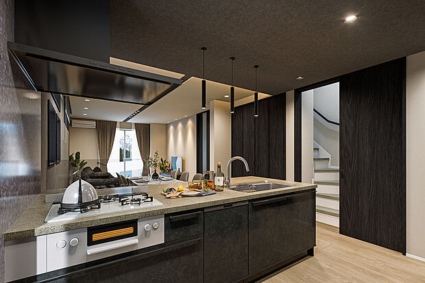 【キッチン完成予想図】T-1/リビングで過ごす家族とのコミュニケーションも、お料理が楽しくなる大切なエレメント。機能性を持たせた先進のキッチンは、美しい艶と輝きを纏うフィオレストーンの天板を採用しています。