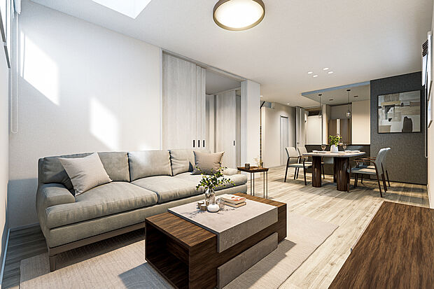 【リビングダイニング完成予想図】T-2／どこにいても互いの存在を感じられる距離感が、家族の自然なコミュニケーションを育みます。トップライトから降り注ぐ自然光が住まう人を心地よく包み、こだわり抜いた上質な仕様で日々の暮らしを彩ります。