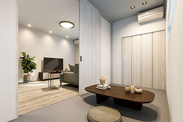 【和室完成予想図】T-2／個室としても利用できる和室には押し入れを備え、来客用の寝具なども収納できます。ゲストルームとしてはもちろん、1人の時間を静かに過ごすことのできる”ちょっと特別”なスペースです。