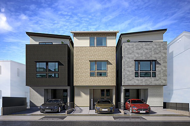 【外観完成予想図】T-1、T-2、T-3／こだわり抜いた設備・仕様で快適＆高性能な3階建ての住まい。住宅仕様はもちろん、充実の住環境で快適な暮らしが続きます。小中学校や公園が近く、子育て環境もバッチリ！