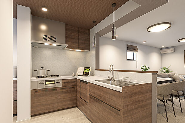 【キッチン完成予想図】T-2/スタイリッシュなL型キッチンは、見た目の美しさと使いやすさを両立。広いカウンターとスムーズな動線で、毎日の料理の手際も格段にアップ。上品なデザインで、キッチンに立つ時間が楽しくなる空間です。