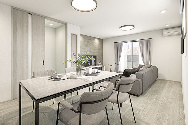 【リビングダイニング完成予想図】T-1/リビングには床暖房とエアコンを標準装備。冬は足元からやさしく暖め、夏はエアコンで快適な室温を保ち、心地よく過ごせます。家族が一番長く過ごす空間だからこそ、一年を通して快適性にこだわりました。