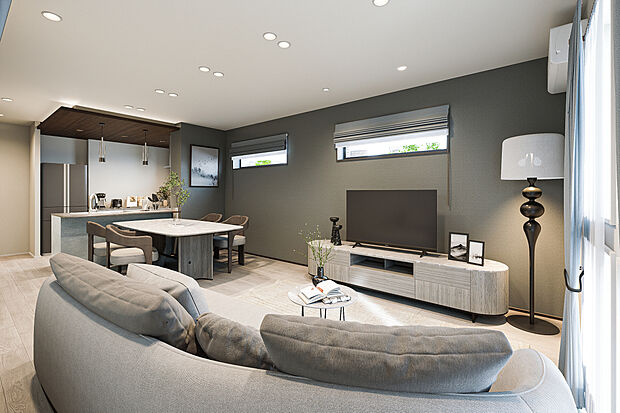 【リビングダイニング完成予想図】T-2／足を踏み入れた瞬間から心が安らぐ癒しのLDK。こだわりの家具やアートがよく映える、美意識を満たす住空間で、思い描く理想のおうち時間をお過ごしいただけます。