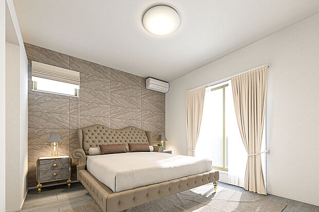 【主寝室完成予想図】T-5完成予想図／南面バルコニーが隣接する明るく開放的な主寝室はベッドを置いてもゆとりある広さがあり、お布団干しなどの家事動線もスムーズ。贅沢なリラックスタイムが過ごせる理想の寝室です。