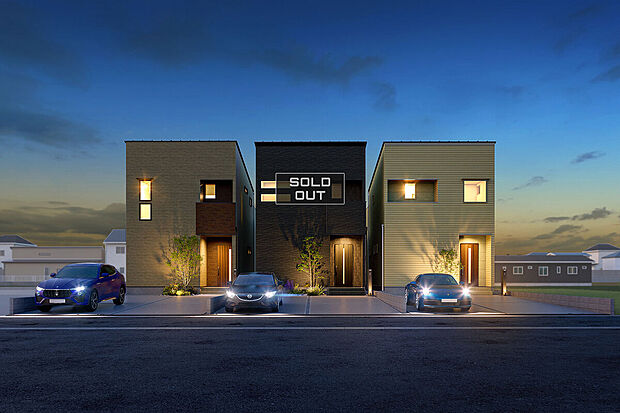 【外観完成予想図】T-3、T-4（ご成約済み）、T-5完成予想図／小学校が近く、スーパーやコンビニ、病院など暮らしに欠かせない施設も充実な安心の住環境。これからの暮らしに安らぎをもたらし、笑顔溢れる日々が叶います。