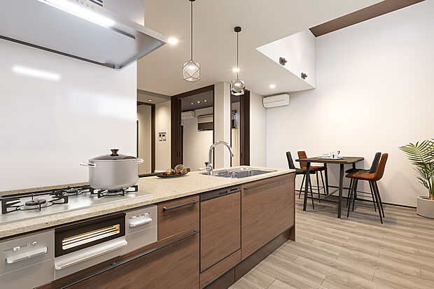 【キッチン完成予想図】T-3完成予想図／深みのあるブラウンで空間を引き締め、ラグジュアリーな雰囲気を演出します。スタイリッシュなデザインと使い勝手の良い設備を搭載した機能美が、毎日の料理をより特別な時間へと変えてくれます。