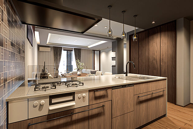 【キッチン完成予想図】T-1/タカラスタンダードのキッチンはカウンタートップにフィオレストーンを使用。食器洗い乾燥機はミーレを採用し、デザイン性を持たせつつ機能的な設備で毎日の家事が快適に捗るよう配慮しています。