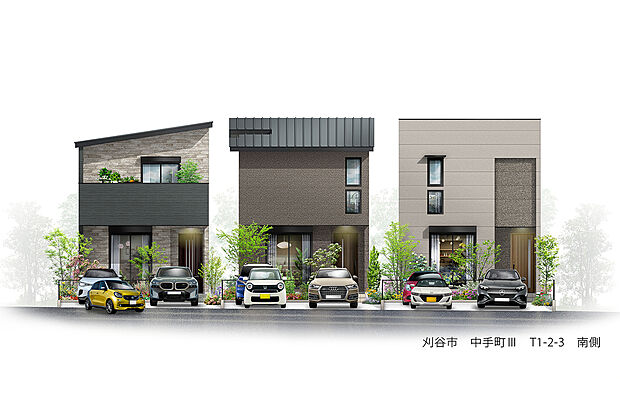 【外観完成予想図】T-1、T-2、T-3／JR・名鉄の2沿線利用可。小学校徒歩2分と通学も安心の近さ！南向きの陽だまりと、3台駐車のゆとりが暮らしを彩ります。制震ダンパーを備えた住まいが、大切な家族を末永く守ります。