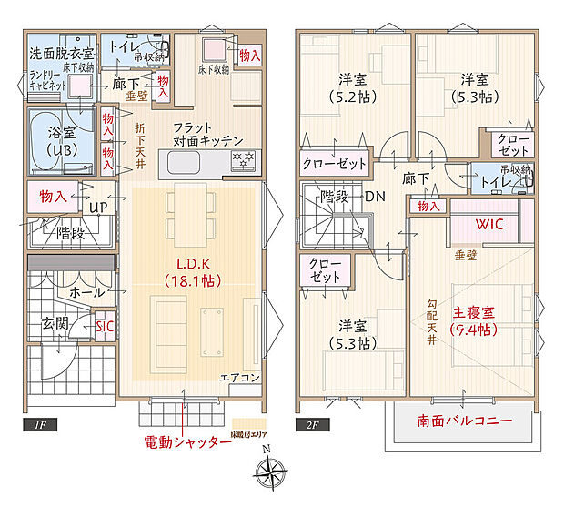 【4LDK】太陽光発電パネル搭載、東南角地、耐震等級3、断熱等級5、ZEH仕様の家、フラット対面キッチン付LDK広々18.1帖、上部勾配天井&WIC付主寝室広々9.4帖、収納充実、南面バルコニー