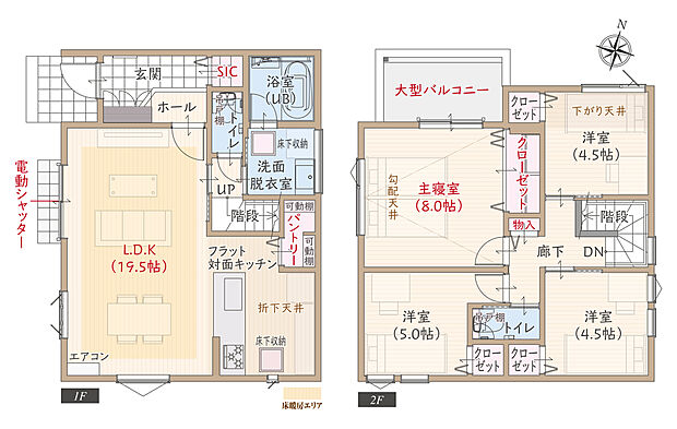 【4LDK＋パントリーSIC】太陽光発電パネル搭載、ワイド間口、駐車3台可、耐震等級3、断熱等級5、ZEH仕様の家、開放的なフラット対面キッチン付LDK広々19.5帖、上部勾配天井&大型CL付主寝室広々8.0帖、大型バルコニー