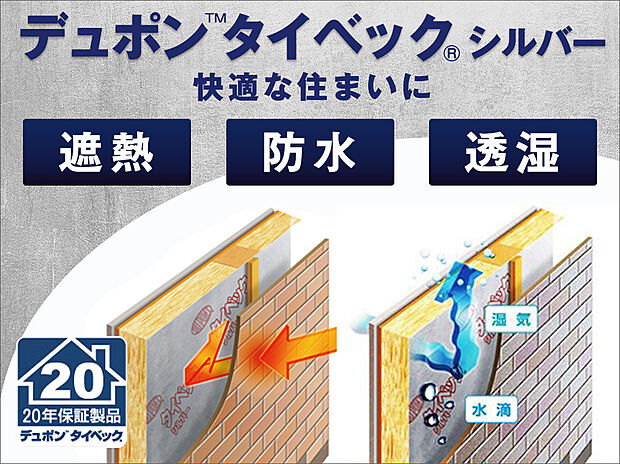 【透湿・防水・遮熱シート「デュポン タイベックシルバー」】夏は屋外（外装材）からの輻射熱（赤外線）を反射し室内を涼しく、冬は屋外への熱の放射を抑え室内を暖かく保ちます。安心の20年保証です。