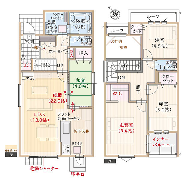 【4LDK＋SIC＋WIC】太陽光発電パネル搭載、駐車4台可、耐震等級3、断熱等級5、ZEH仕様の家、第一種換気&全熱交換換気、開放的なフラット対面キッチン付LDK続間22.0帖、WIC付主寝室広々9.4帖、玄関吹抜、広々南面庭