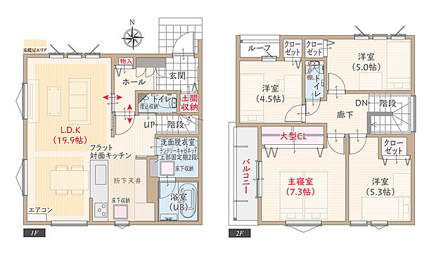 【4LDK】太陽光発電パネル搭載、駐車3台可、耐震等級3、断熱等級5、ZEH仕様、第一種換気&全熱交換換気、フラット対面キッチン付LDK広々19.9帖、大型クローゼット付主寝室7.3帖、優れた家事動線、土間収納