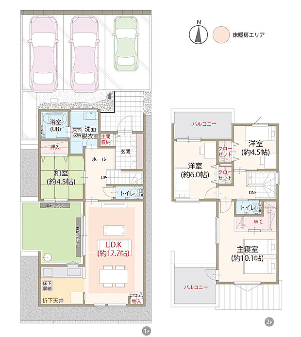 【4LDK+WIC+土間収納】太陽光発電システム搭載、耐震等級3、断熱等級5、ZEH仕様の家、LDK広々17.7帖+和室4.5帖、主寝室ゆとりの10.1帖、第一種換気&全熱交換換気、駐車スペース3台可、全居室に収納完備