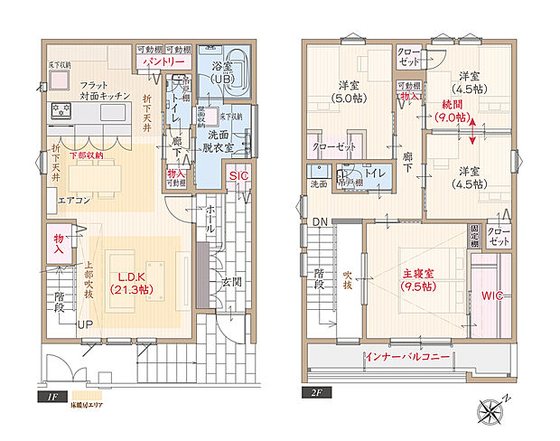 【4LDK】南向き、太陽光発電パネル搭載、耐震等級3、断熱等級5、第一種換気&全熱交換換気、ZEH仕様、上部吹抜&フラット対面キッチン付LDK広々21.3帖、上部勾配天井&大型WIC付主寝室広々9.5帖、インナーバルコニー
