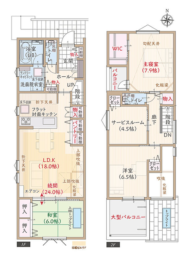 【3LDK+S】太陽光発電パネル搭載、採光良好、耐震等級3、断熱等級5、第一種換気&全熱交換換気、ZEH仕様、上部吹抜&フラット対面キッチン付LDK広々18.0帖、続き和室、上部勾配天井&大型WIC付主寝室広々7.9帖、大型バルコニー