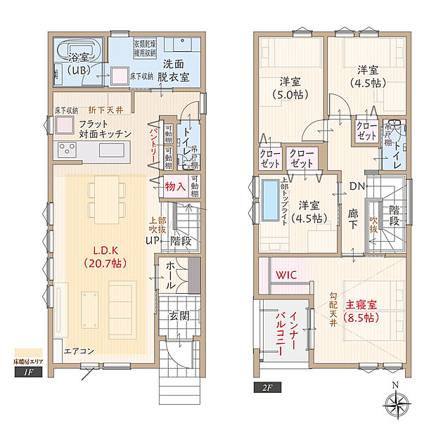 【4LDK＋WIC】南向き、太陽光発電パネル搭載、耐震等級3、断熱等級5、第一種換気&全熱交換換気、ZEH仕様の家、フラット対面キッチン付LDK広々20.7帖、大型WIC付主寝室広々8.5帖、収納充実、インナーバルコニー