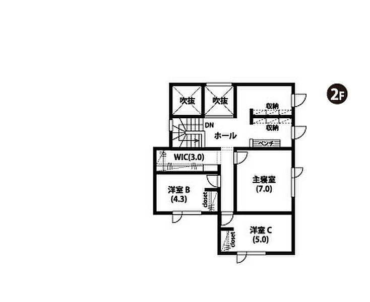 【2階間取図】
廊下に設置されたWICは、ご家族が就寝中でも気にせず収納・服選びが可能。収納付きのフリースペースは、使い方が広がります。