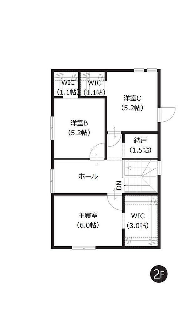 【2階間取図】
収納力のあるWICが3か所、多目的に使える納戸など豊富な収納が魅力のお住まいです。