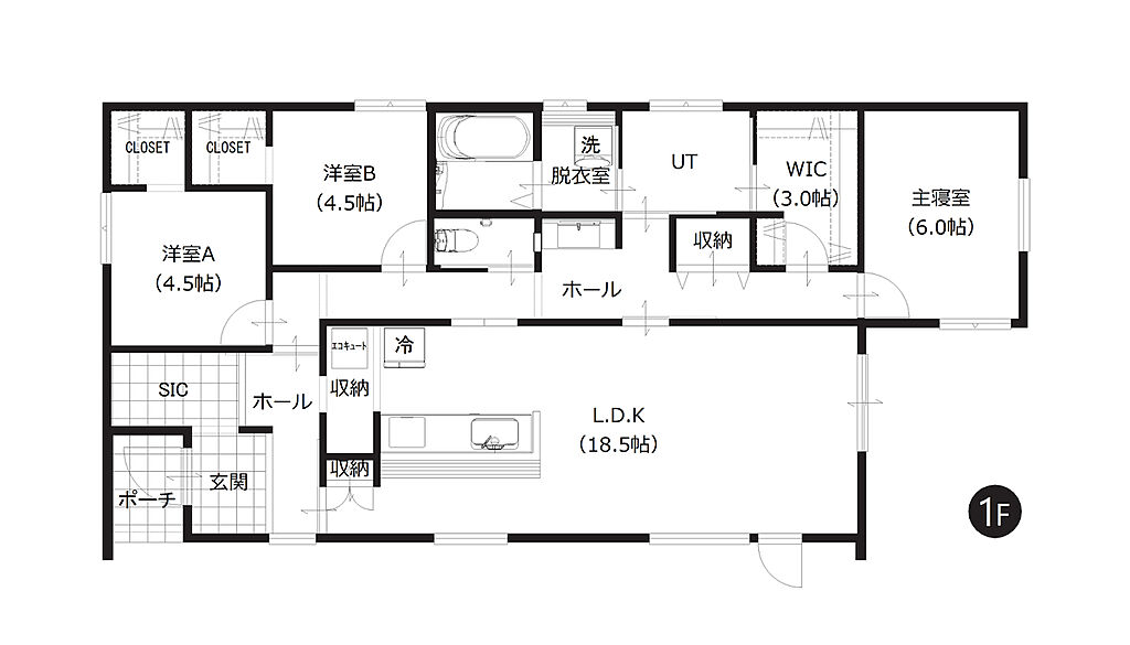 【間取図】
WICやSICなど豊富な収納が魅力の3LDK。約18.5帖の広々としたLDKも嬉しいですね。