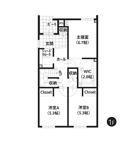 【1階間取図】
全居室に収納を完備しておりますので居室スペースをスッキリお使いいただけるのも魅力的です。