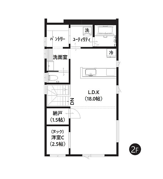 【2階間取図】
開放感が魅力の2階リビング。LDKは約18帖でゆったりと家族だんらんを楽しめる広さ。対面キッチン仕様でご家族との会話も増えますね。