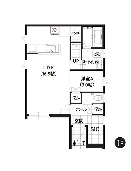 【1階間取図】
1階部分に水まわりを集約させた使いやすいレイアウト。LDKはゆとりの約16.5帖。対面キッチン、リビング階段仕様で自然とご家族とコミュニケーションが取れます。