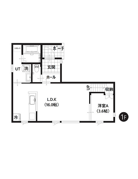 【1階間取図】
1階は約16帖のLDKと水回りを集約させた生活動線の良い間取りです。リビングに隣接した洋室を開放し、より広々とした空間にも演出できます。