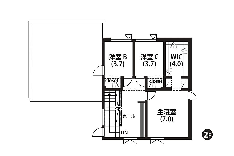 【2階間取図】
2階はひとりひとりの時間を大切できる間取り設計。カウンターのあるホールはご家族のライフスタイルに合わせた使い方ができますね。