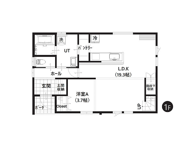 【1階間取図】
集約された水回りや、2WAYSアクセスが可能なゆとりのユーティリティスペースなど、便利な回遊動線が叶えるスムーズな暮らしを実現しました。