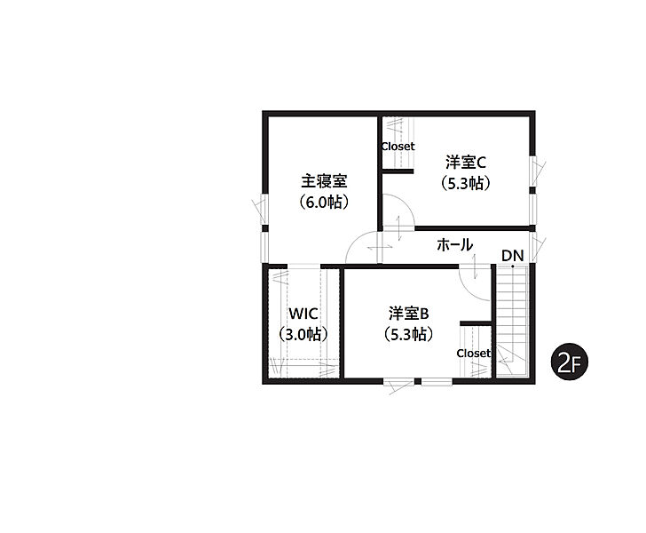 【2階間取図】
たっぷりの収納を完備したお住まい。お荷物の多いファミリーにもおすすめの間取りです。