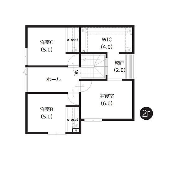 【2階間取図】
 主寝室には書斎＋約4帖の広々としたウォークインクロゼット。階段とつながるデコ窓がアクセントに。
