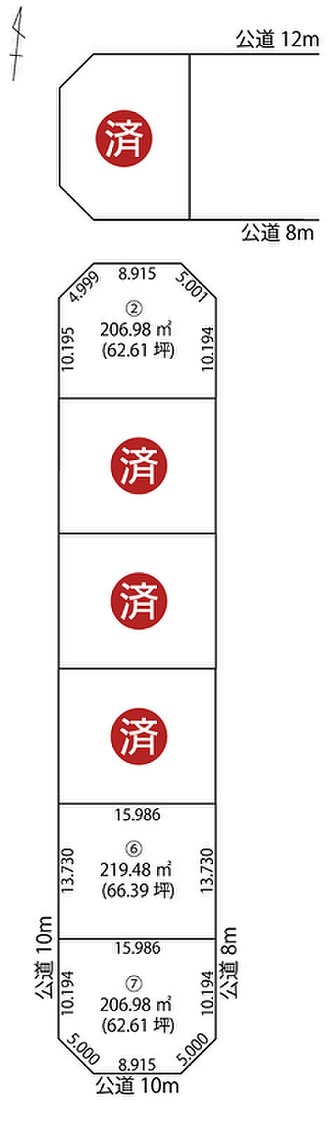 【全体区画図】
3方角地、または両面道路に面した開放感あふれる全7区画。新築戸建が建ち並ぶのが楽しみですね。