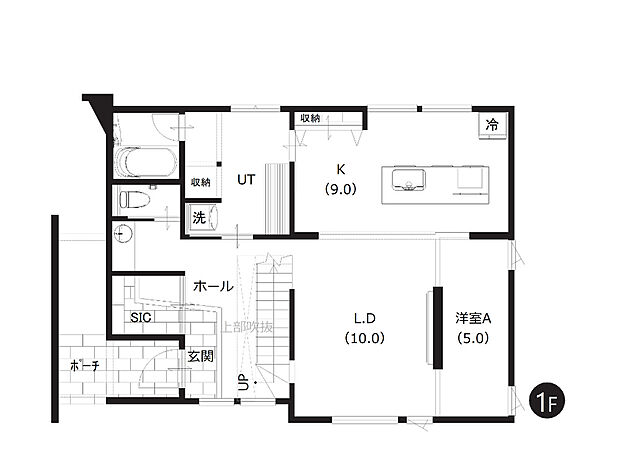 【1階間取図】
LDKと水回りを1階に集約させた家事ラクプラン。回遊動線が可能で、ご家族が同時に移動しても、ストレスなく過ごせます。