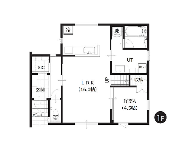 【1階間取図】
生活動線が良く、家事がスムーズにできる間取り設計。キッチンから洗面室へのアクセスもスピーディーで家事効率アップ。階段はリビング中央にあり、家族の気配を感じられる間取りです。