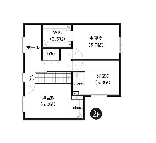 【2階間取図】
2階は洋室が振り分けられており、ご家族のプライベート空間もしっかりと確保。5帖以上のゆとりある広さも魅力です。