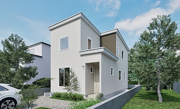 【A棟 完成予想図】
太陽光パネル搭載、全2棟の新築分譲住宅が登場。A棟は爽やかな外観で、どの世代にも好まれるデザインです。