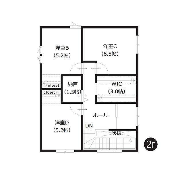 【2階間取図】
約3帖のWICや、約1.5帖の納戸など収納豊富で、お荷物の多いファミリーにもおすすめです。